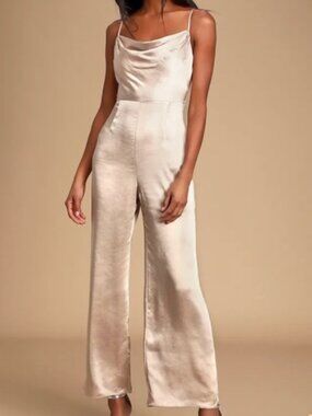 Lulus Champagne Satin Jumpsuit – Elegant Wide Leg (Small)